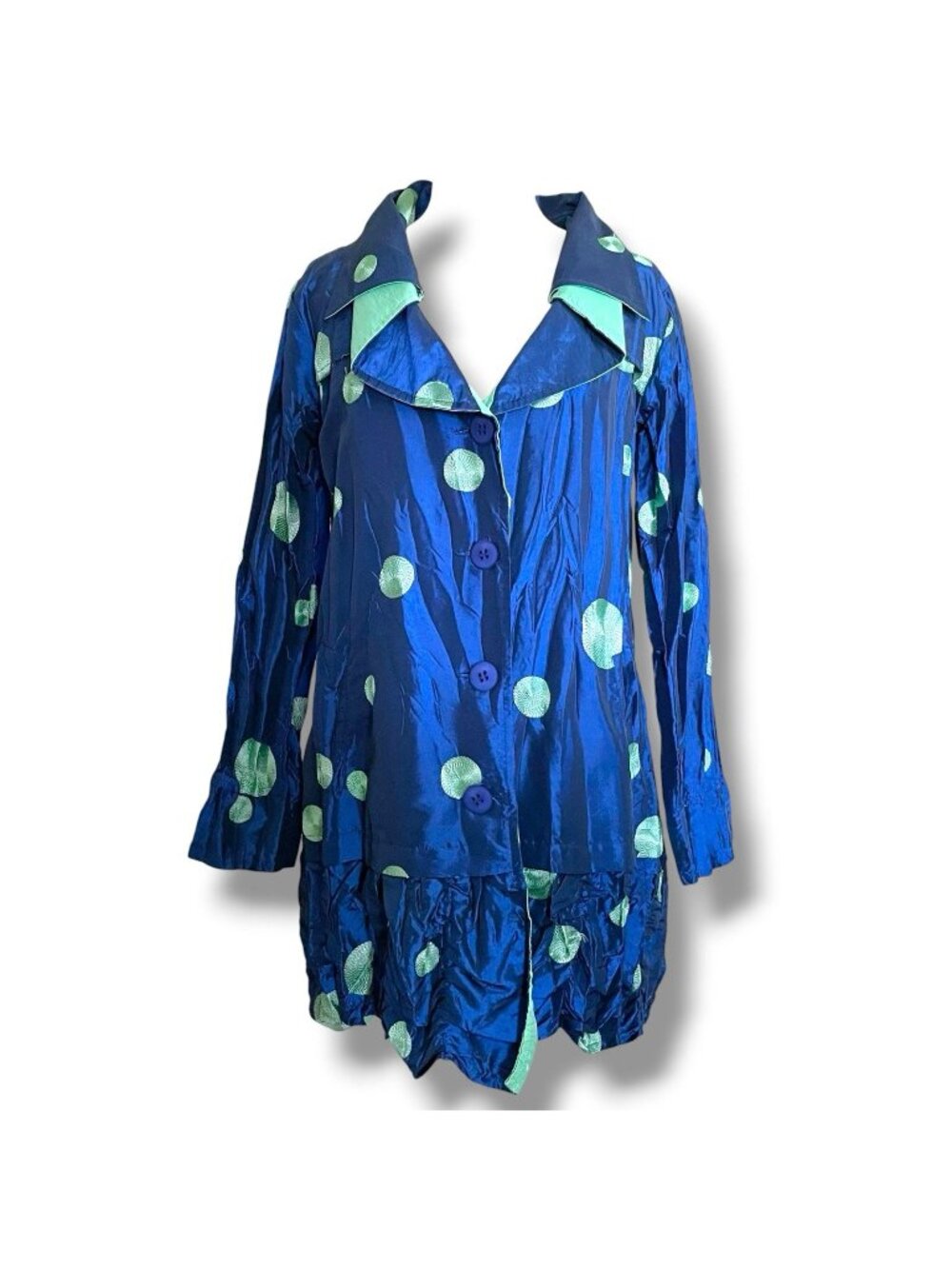 UBU Womens Reversible Jacket Sz Medium Blue Green Embroidered Crinkle Lagenlook